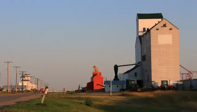 Grain elevators at sunset